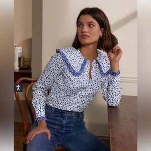Boden Statement Collar Cotton Shirt - Ivory, Ditsy Daisy - US 6